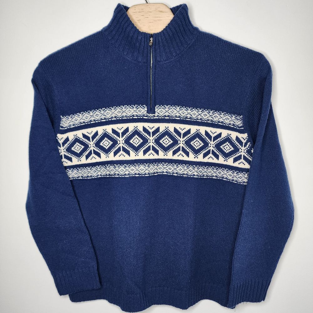 American Eagle Sweater Men XL TALL Blue Fair Isle Quarter Zip Mock Neck Soft Top